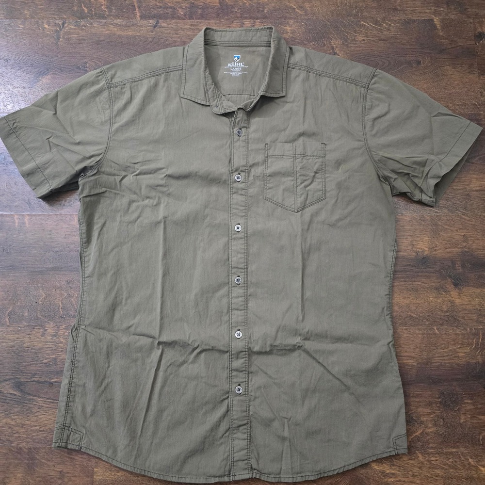 KUHL Mens Tapered Fit Short Sleeve Button Down Shirt Olive Green Large RN 108846